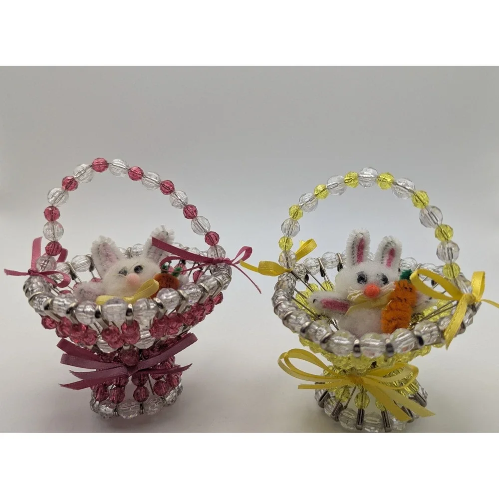 Vintage Handmade Safety Pin Beaded Easter Basket Bunny Set‎ Pink Yellow 2pc
